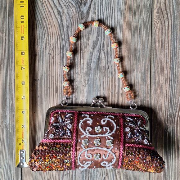 Handbeaded Sequin Kiss Lock Mini Purse Beaded Handle Floral Embellished Handbag - Picture 15 of 15